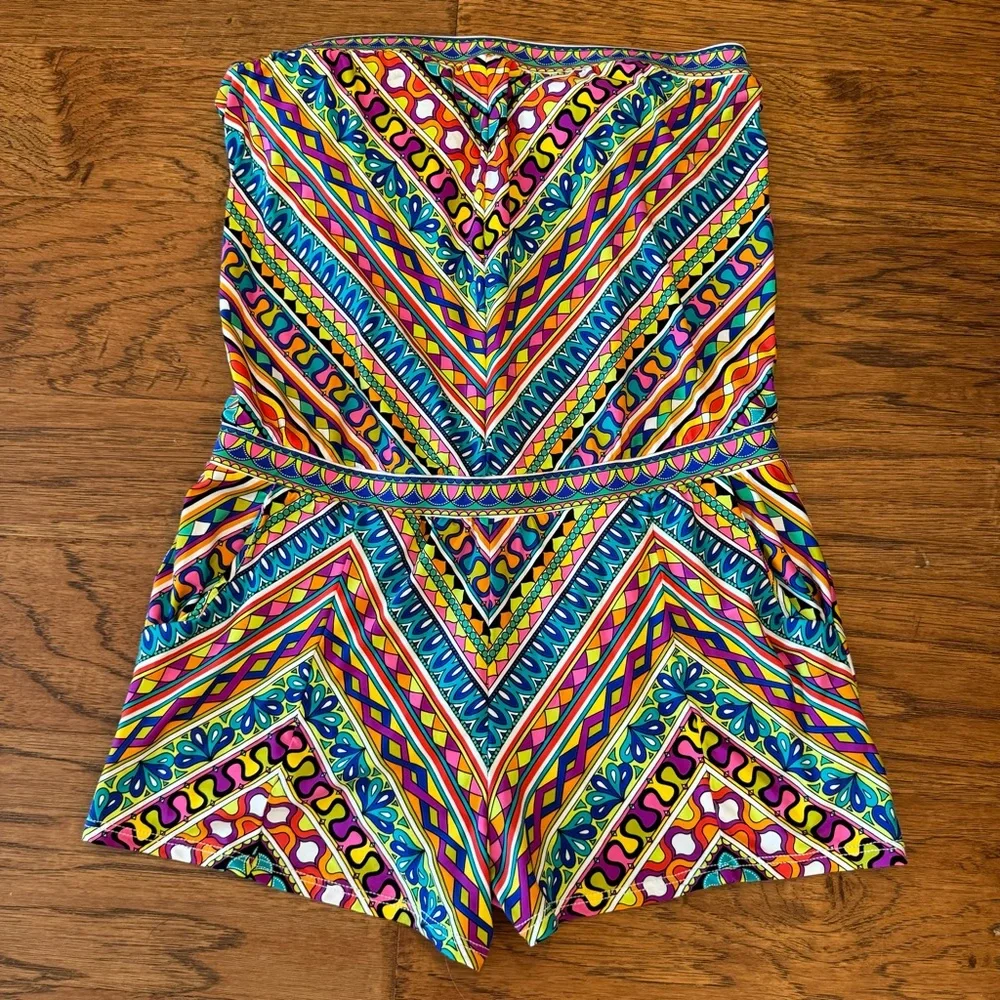 Trina Turk Peruvian Stripe Swimsuit Romper Cover Up Multicolor Halter Top Size M - Picture 11 of 14